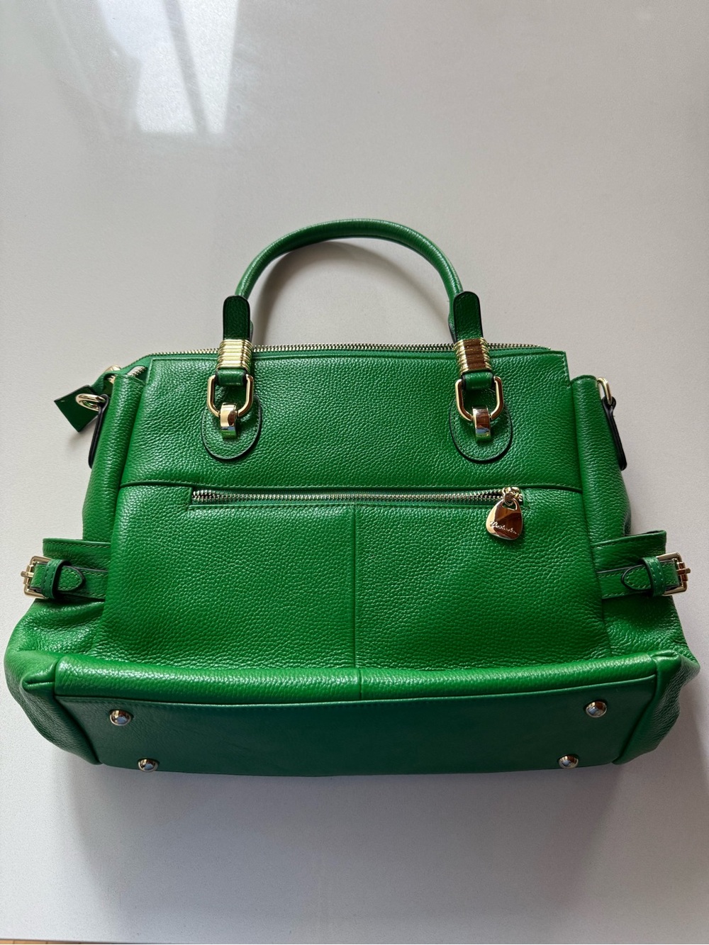 Bostanten Green Leather Tote Handbag, Gold Hardware, Detachable Shoulder Strap